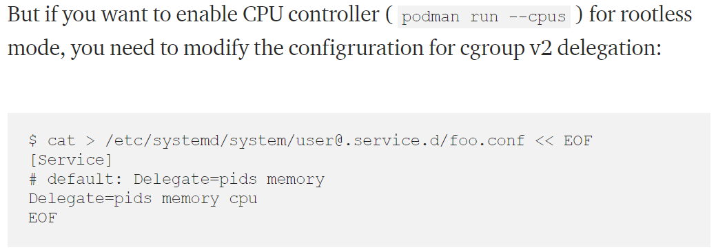 problem with cgroup2 about cpu controller in podman